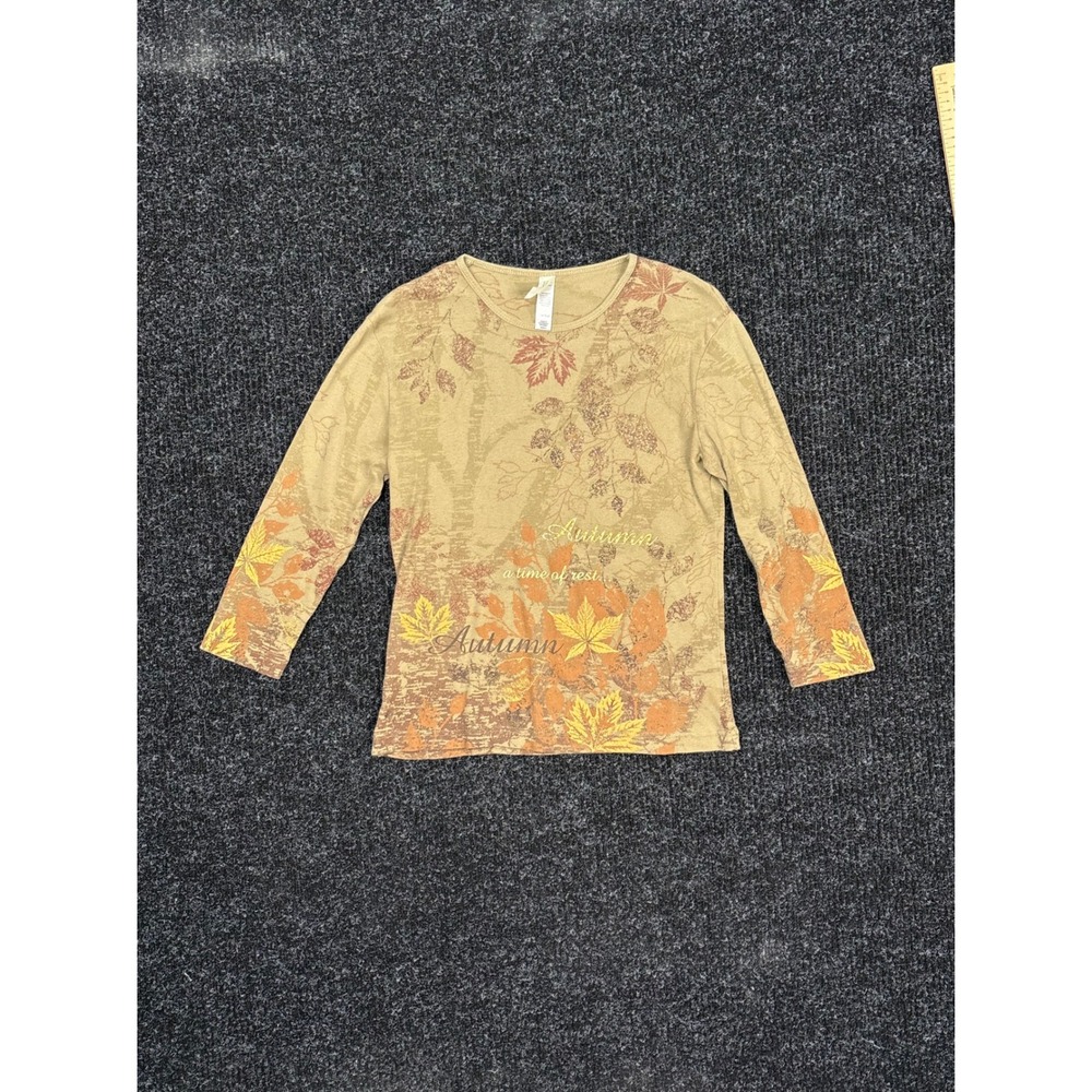 Endless Designs Autumn Leaf Graphic Tee Tan Rhinestone Long Sleeve Small
